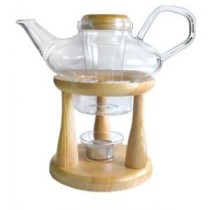 Glass Tea Pot on Wooden Stand with Candle (650 ml)